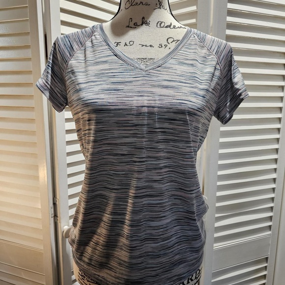 RBX TShirt Womens Size Medium Gray Pink Striped Athletic VNeck Short Sleeve - Picture 2 of 6